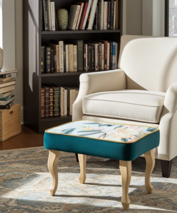 Velvet Footstool 60x40cm – Floral Top & Natural Beech Legs