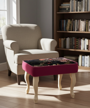 Velvet Footstool 60x40cm – Red Velvet, Floral Top & Beech Legs