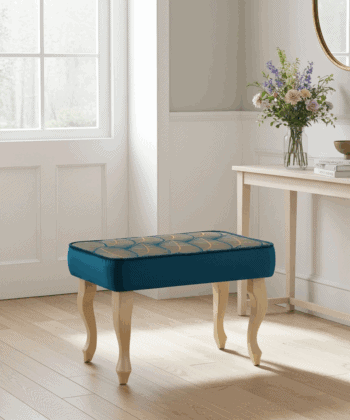 Azure Leaf Velvet Footstool – Botanical Elegance Pouffe