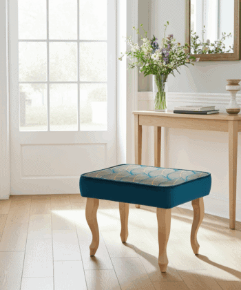 Azure Leaf Velvet Footstool – Botanical Elegance Pouffe