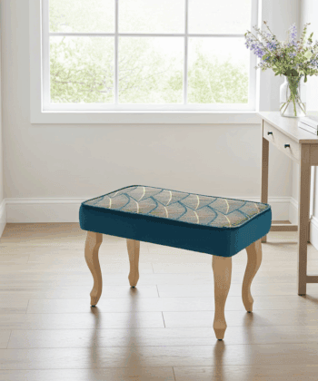 Azure Leaf Velvet Footstool – Botanical Elegance Pouffe