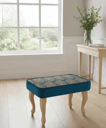 Azure Leaf Velvet Footstool – Botanical Elegance Pouffe