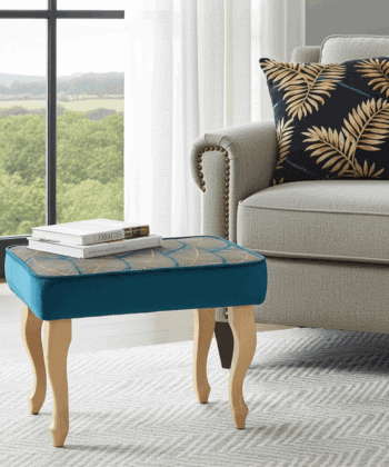 Azure Leaf Velvet Footstool – Botanical Elegance Pouffe