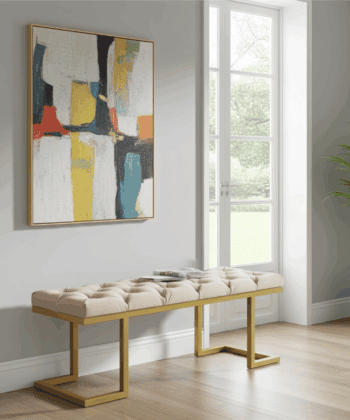 Beige Velour Upholstered Bench 120x40cm – Gold Metal Frame