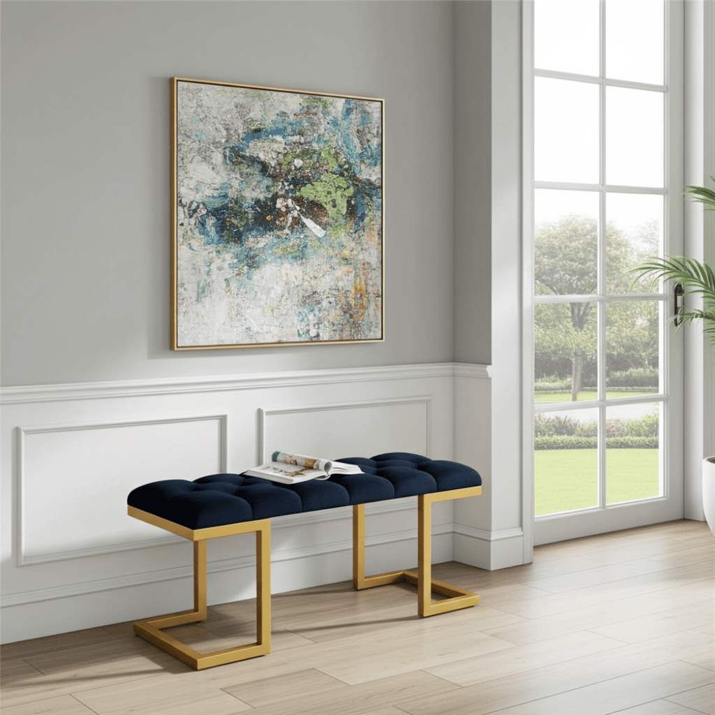 Black Velour Upholstered Bench 100x40cm – Gold Metal Frame