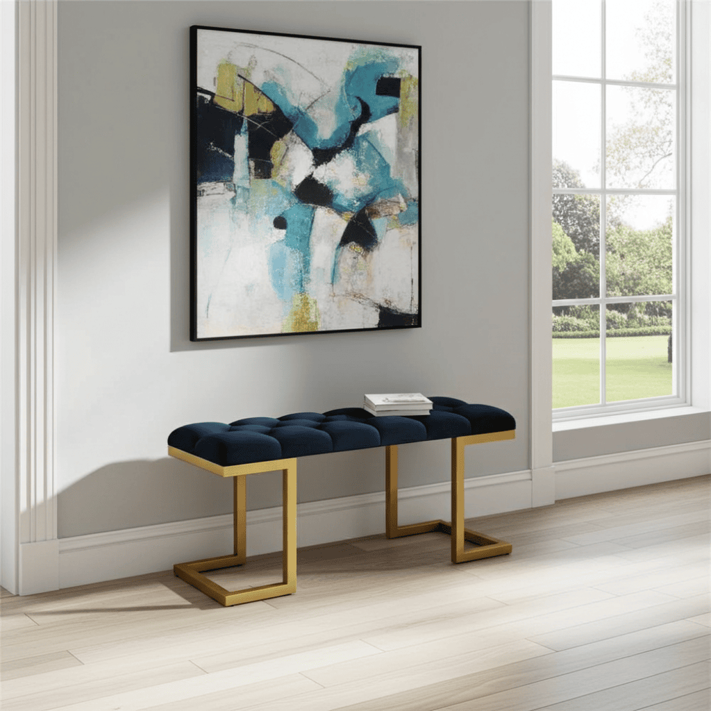 Black Velour Upholstered Bench 100x40cm – Gold Metal Frame