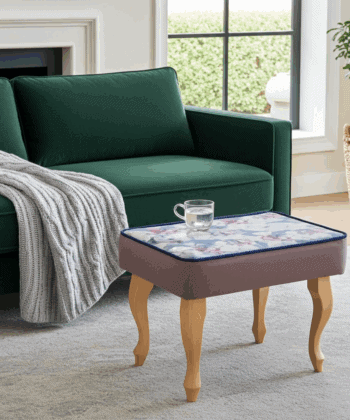 Blue Floral Velvet Footstool – Romantic Accent for Living Rooms