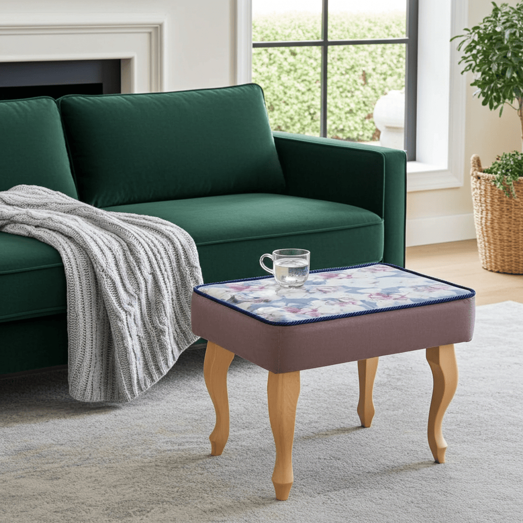 Blue Floral Velvet Footstool – Romantic Accent for Living Rooms