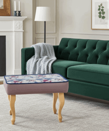 Blue Floral Velvet Footstool – Romantic Accent for Living Rooms