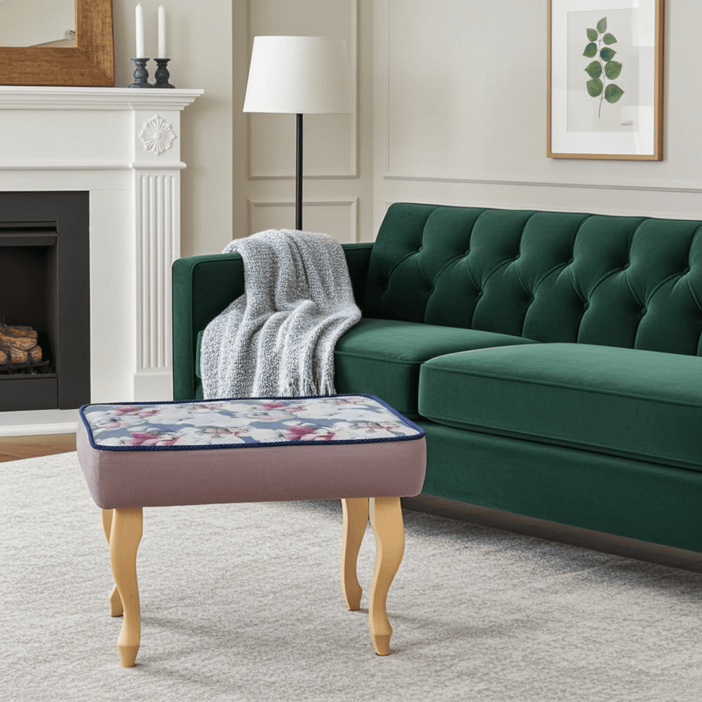 Blue Floral Velvet Footstool – Romantic Accent for Living Rooms