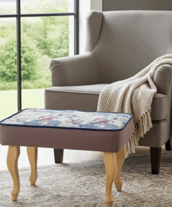 Blue Floral Velvet Footstool – Romantic Accent for Living Rooms