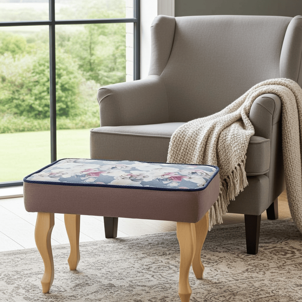 Blue Floral Velvet Footstool – Romantic Accent for Living Rooms