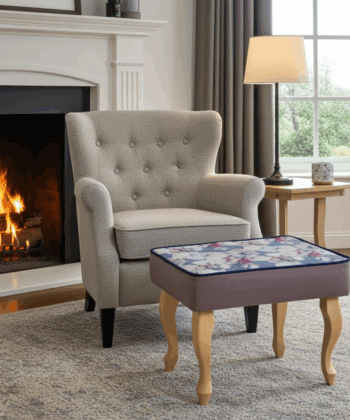 Blue Floral Velvet Footstool – Romantic Accent for Living Rooms