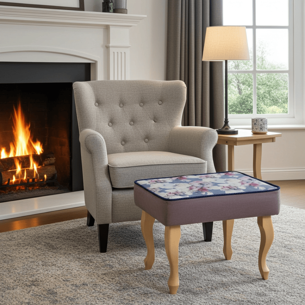 Blue Floral Velvet Footstool – Romantic Accent for Living Rooms