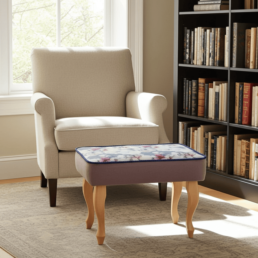 Blue Floral Velvet Footstool – Romantic Accent for Living Rooms
