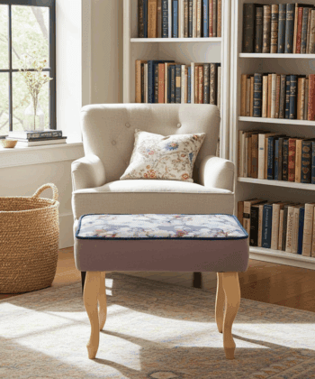 Blue Floral Velvet Footstool – Romantic Accent for Living Rooms
