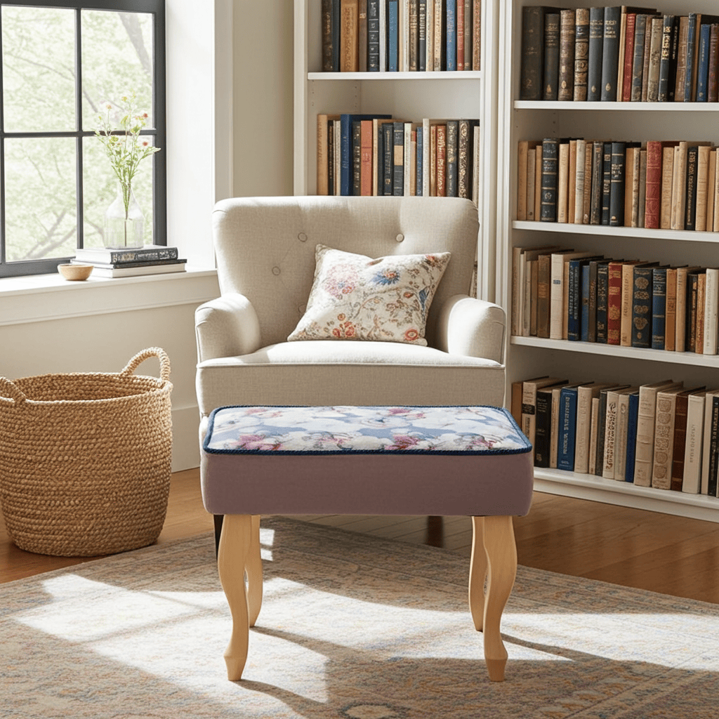 Blue Floral Velvet Footstool – Romantic Accent for Living Rooms