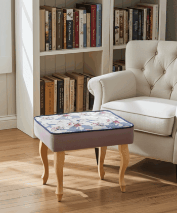 Blue Floral Velvet Footstool – Romantic Accent for Living Rooms