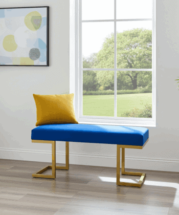 Blue Velour Upholstered Bench 100x40cm – Gold Metal Frame