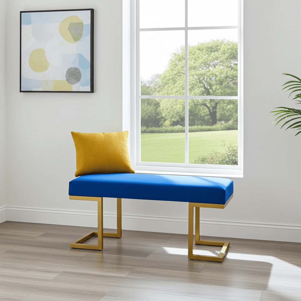 Blue Velour Upholstered Bench 100x40cm – Gold Metal Frame