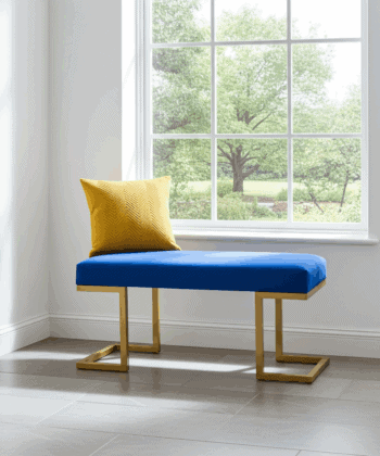 Blue Velour Upholstered Bench 100x40cm – Gold Metal Frame