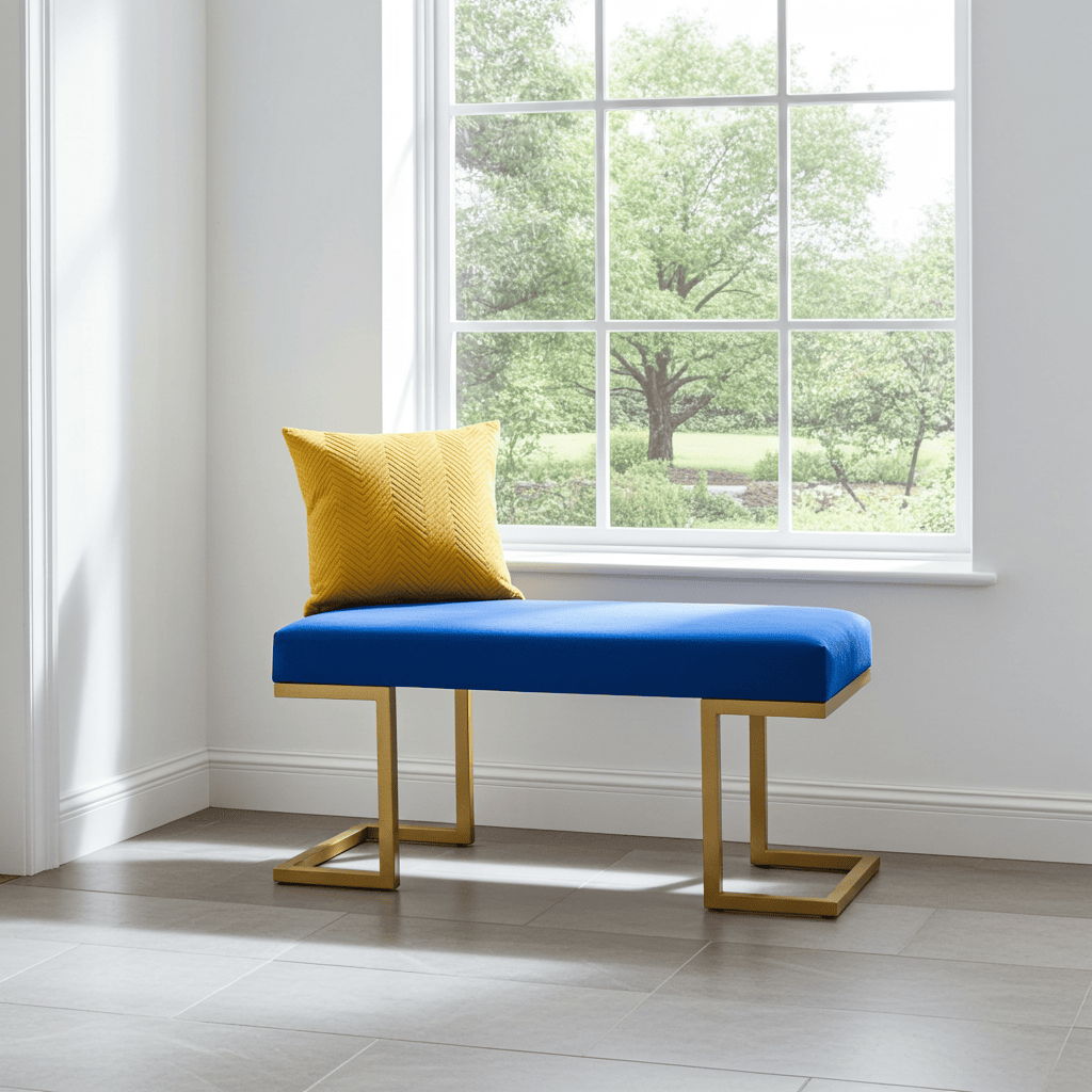 Blue Velour Upholstered Bench 100x40cm – Gold Metal Frame