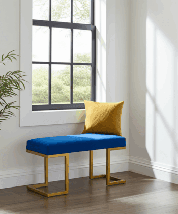 Blue Velour Upholstered Bench 100x40cm – Gold Metal Frame