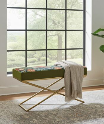 Botanical Velvet Bench 100x40cm – Gold Metal X-Frame