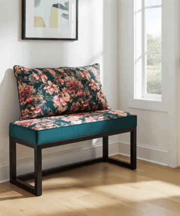 Coral Pink Floral Wooden Bench 100x40cm - Black Alder Frame