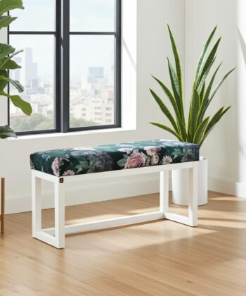 Dark Floral Wooden Bench 100x30cm - White Alder Frame