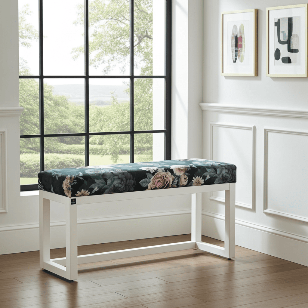 Dark Floral Wooden Bench 100x30cm - White Alder Frame