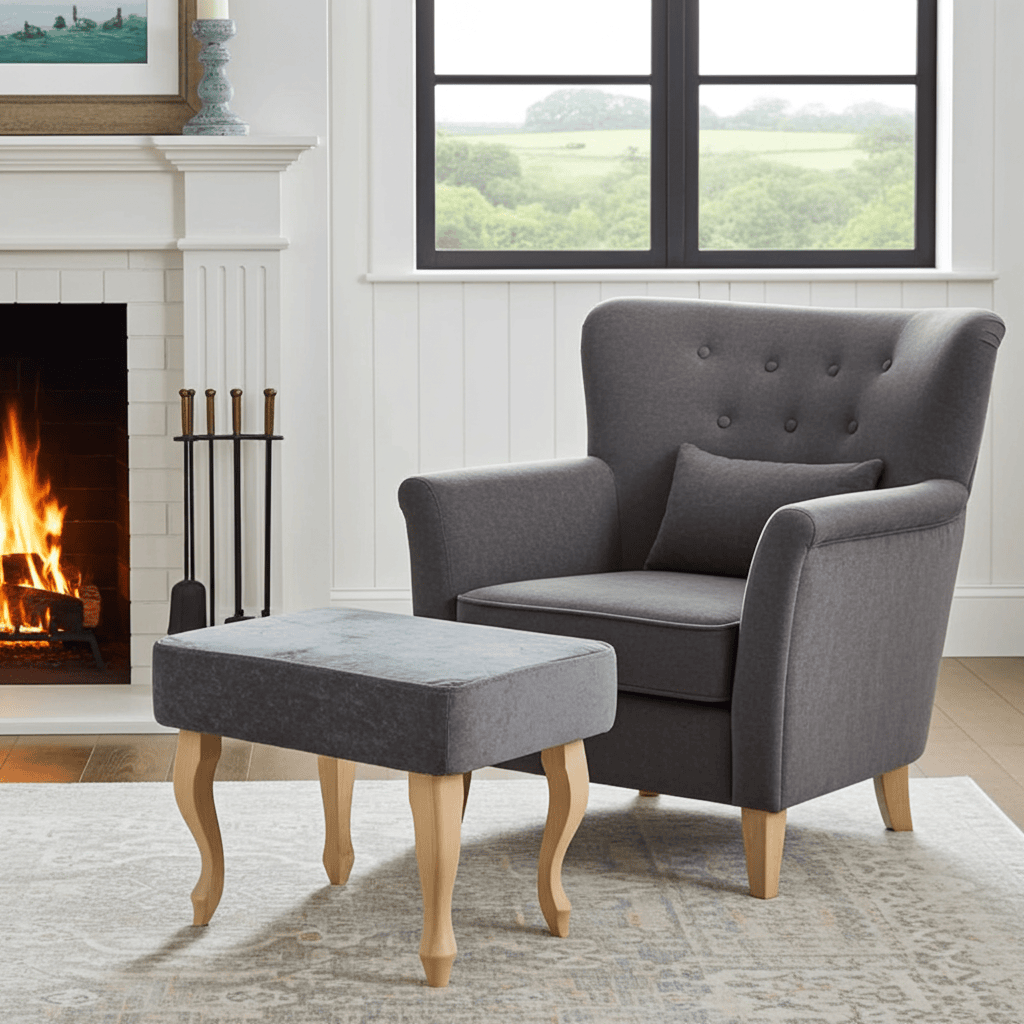 Grey Marble Velvet Footstool – Sleek Accent for Minimalist Homes