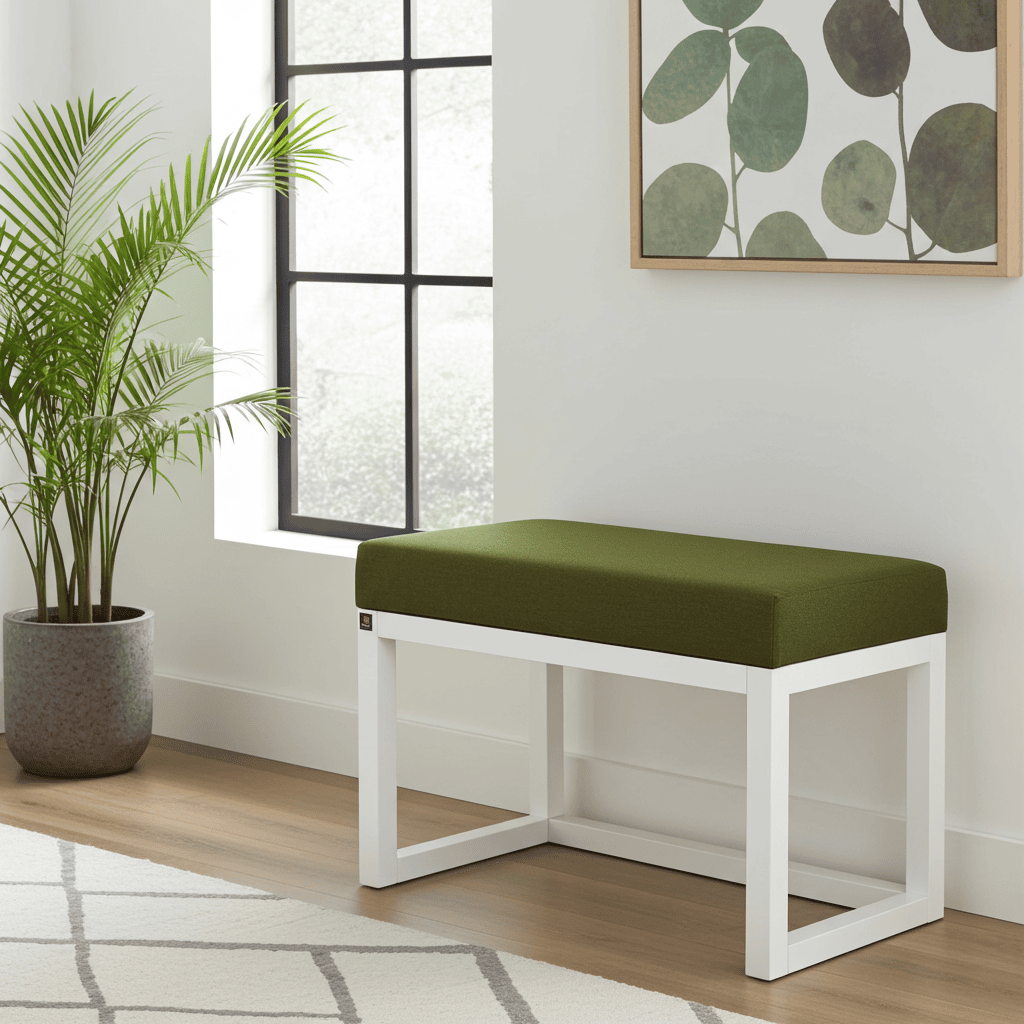 Handcrafted Compact Green Velvet Bench with White Frame – 60x40x50cm