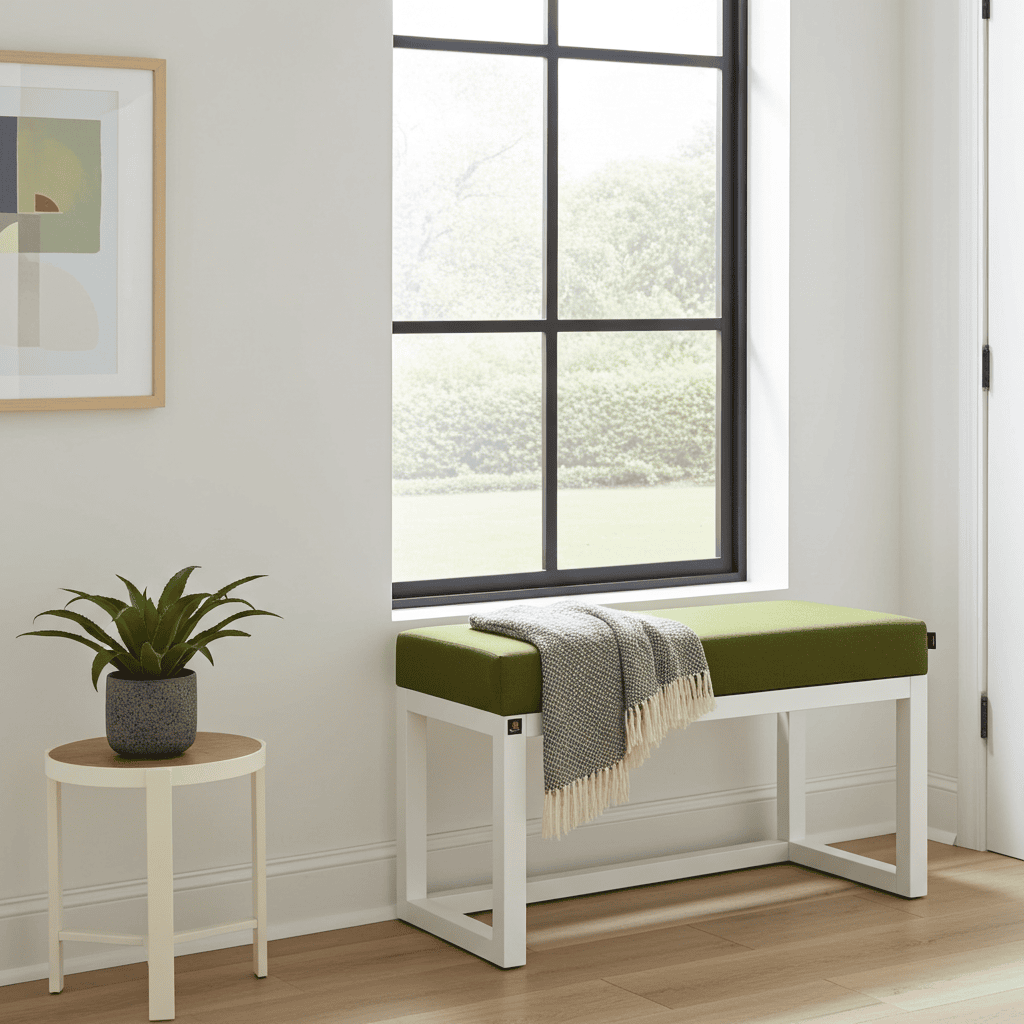Handcrafted Compact Green Velvet Bench with White Frame – 60x40x50cm