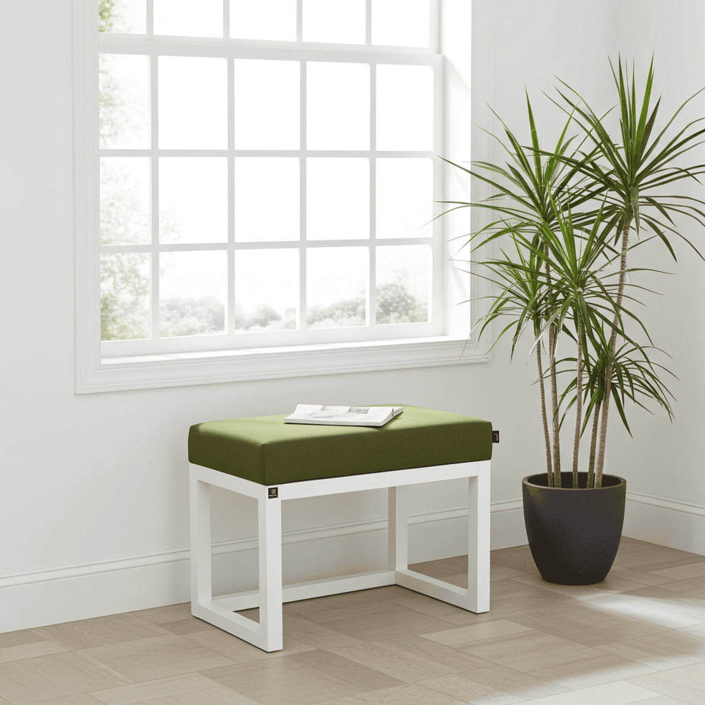 Handcrafted Compact Green Velvet Bench with White Frame – 60x40x50cm