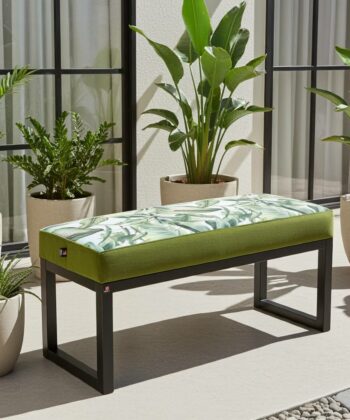 Green Tropical Leaf Wooden Bench 100x40cm - Black Alder Frame