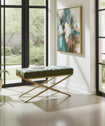Metal-Framed Bench 100x40cm – Botanical Velvet & Gold X-Frame