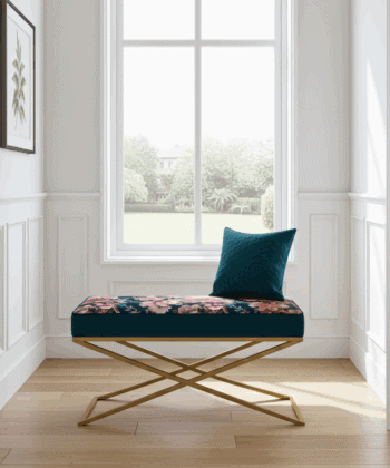 Metal-Framed Bench – Gold Frame & Velvet Botanical Seat