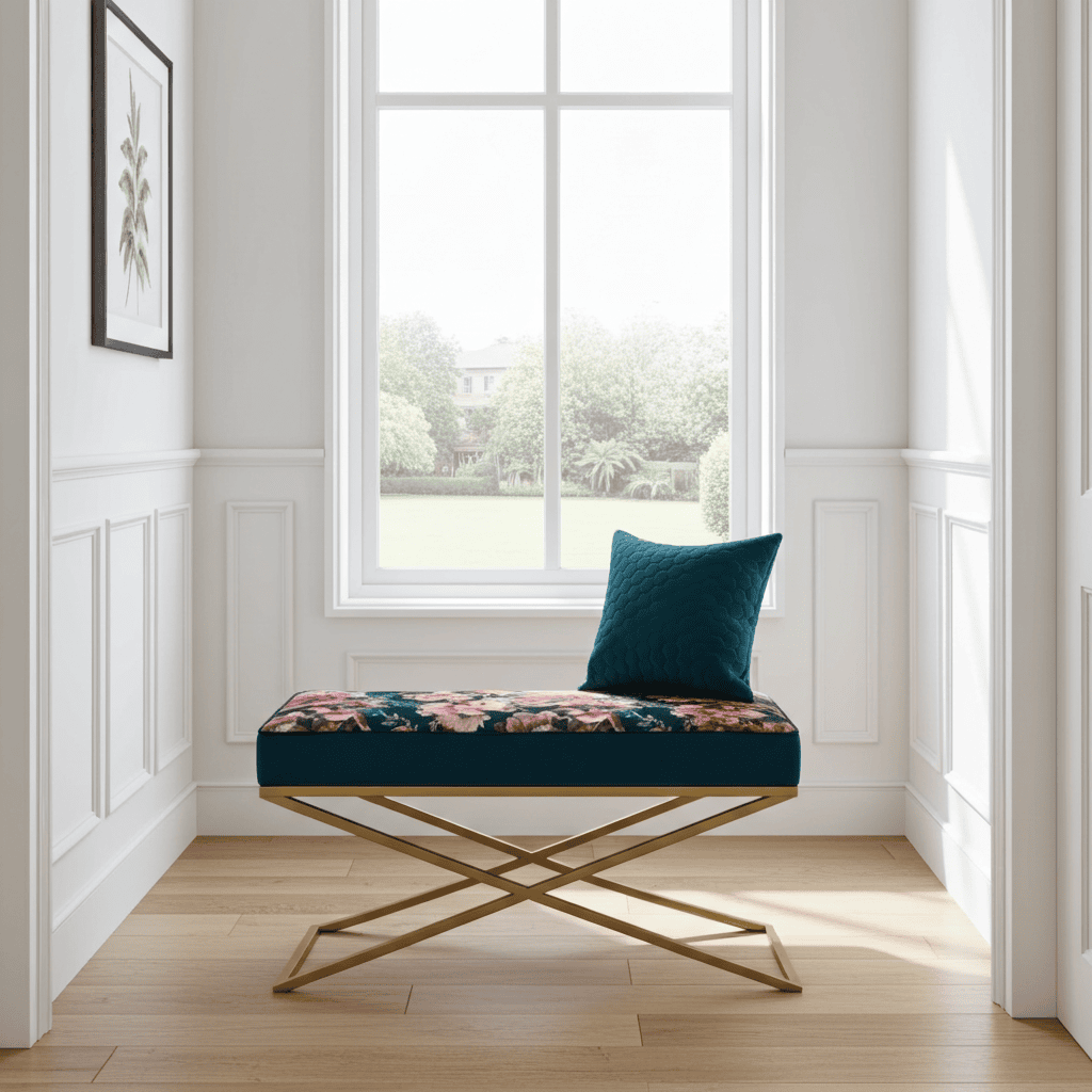 Metal-Framed Bench – Gold Frame & Velvet Botanical Seat