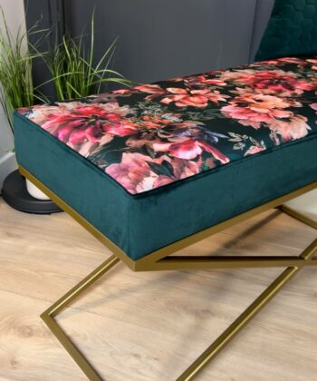 Metal-Framed Bench – Gold Frame & Velvet Botanical Seat