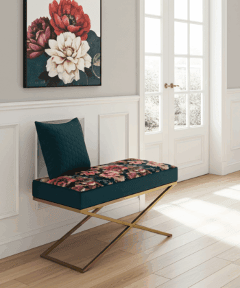 Metal-Framed Bench – Gold Frame & Velvet Botanical Seat