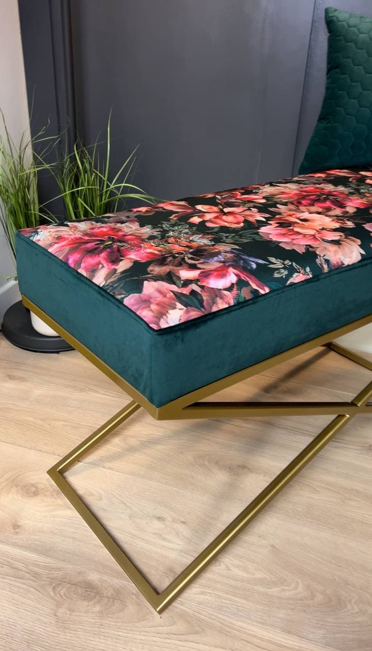 Metal-Framed Bench – Gold Frame & Velvet Botanical Seat
