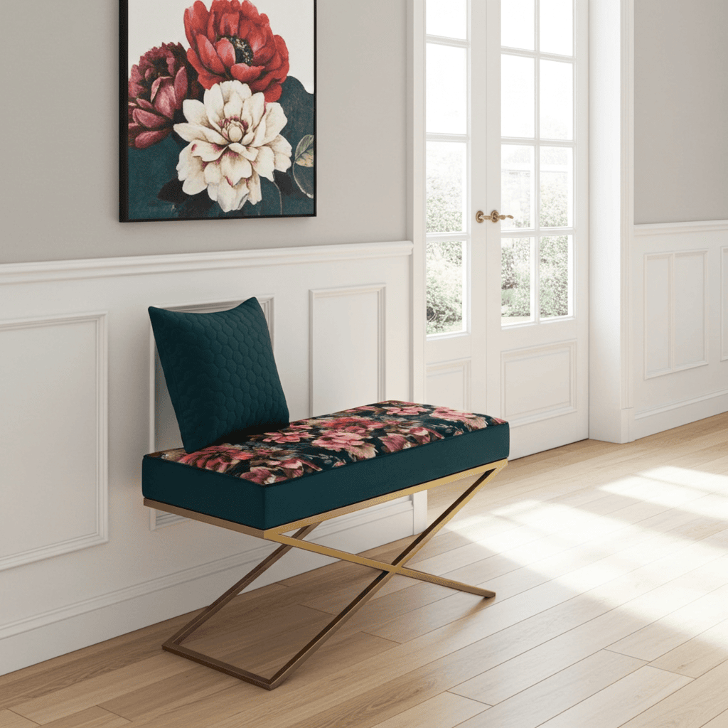 Metal-Framed Bench – Gold Frame & Velvet Botanical Seat