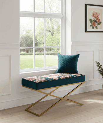Metal-Framed Bench  – Gold Frame & Velvet Botanical Seat