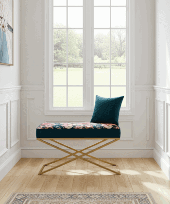 Metal-Framed Bench – Gold Frame & Velvet Botanical Seat