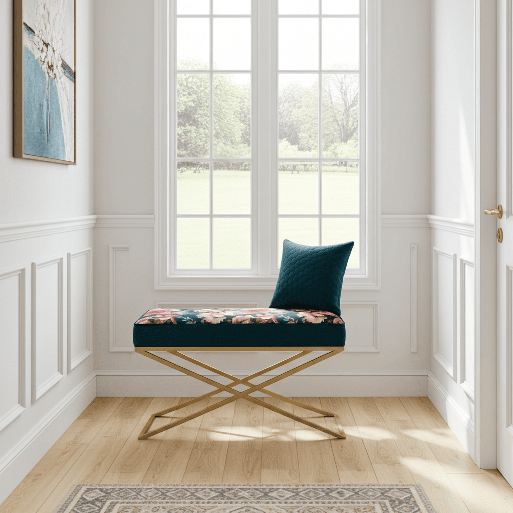 Metal-Framed Bench – Gold Frame & Velvet Botanical Seat