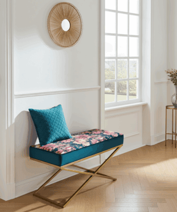 Metal-Framed Bench – Gold Frame & Velvet Botanical Seat