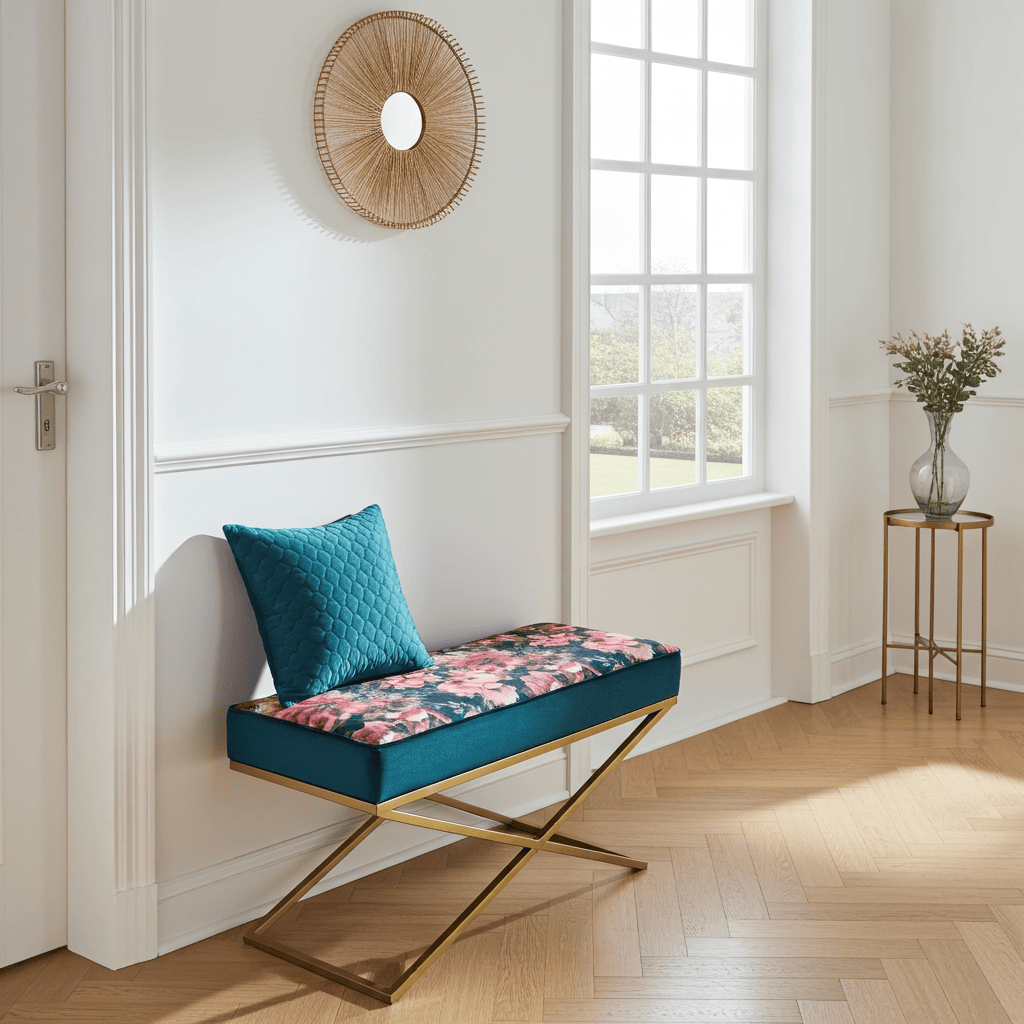 Metal-Framed Bench – Gold Frame & Velvet Botanical Seat