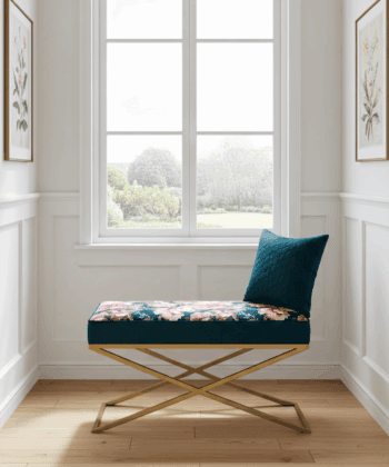 Metal-Framed Bench – Gold Frame & Velvet Botanical Seat