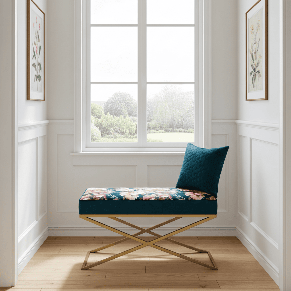 Metal-Framed Bench – Gold Frame & Velvet Botanical Seat